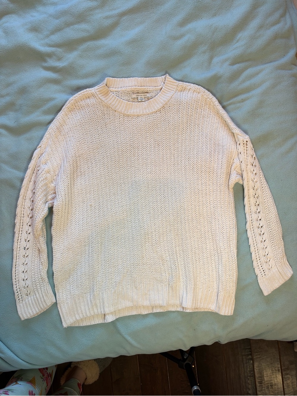 American Eagle Outfitters Cream Open-Stitch Crewneck Sweater